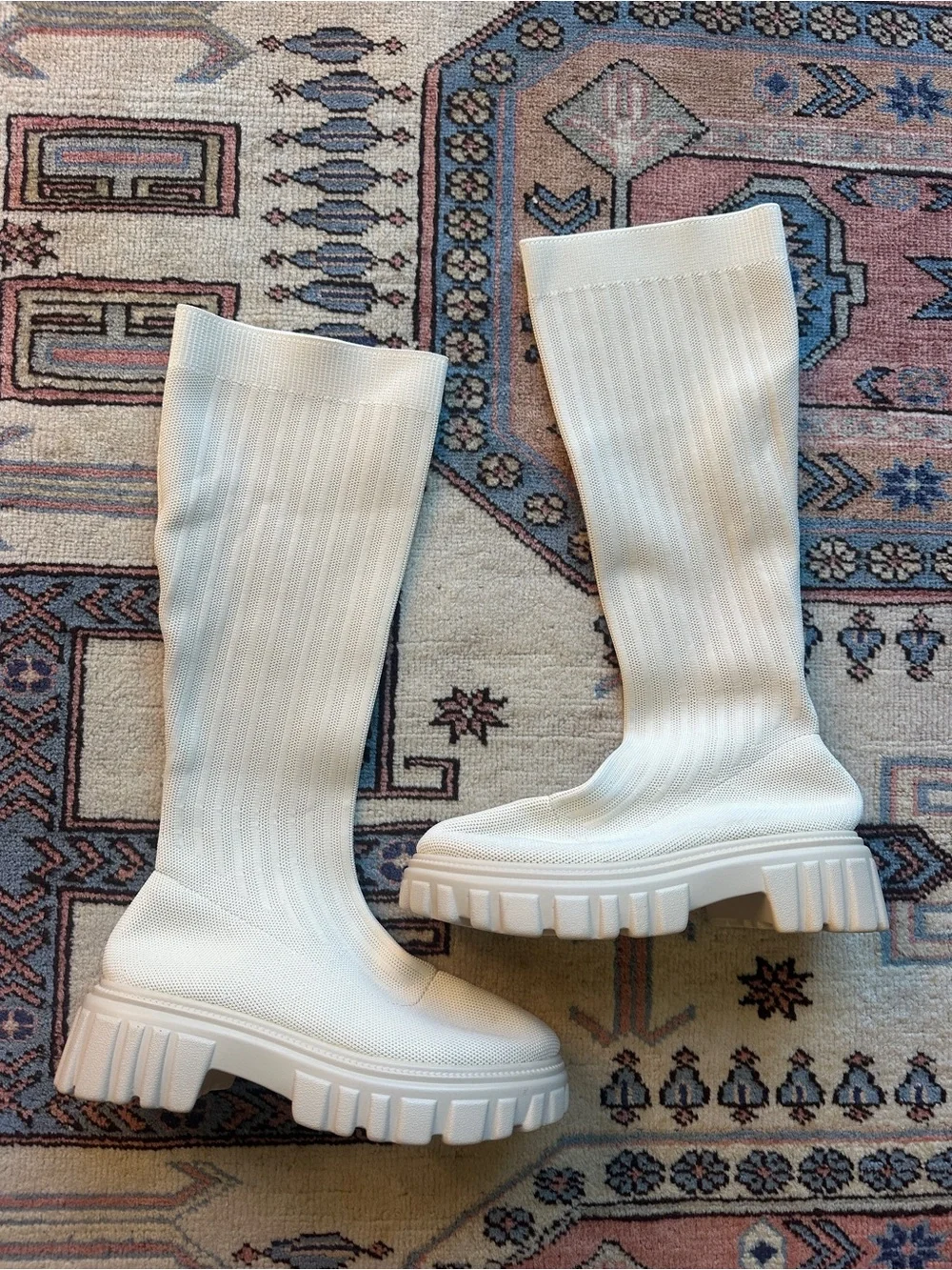 Knee-High Knit Platform Boots - White